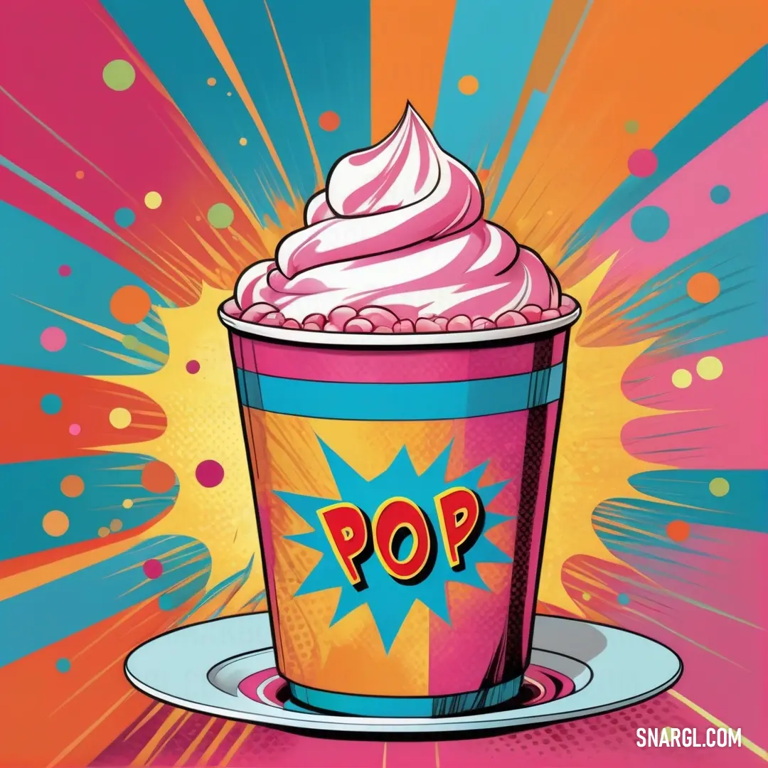 A whimsical cup of ice cream playfully decorated with a pop sign, set against a backdrop of vibrant starburst patterns that celebrate the joyful spirit of desserts and indulgence on special occasions.