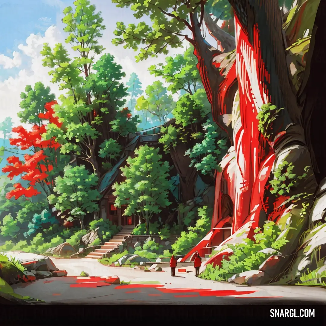 A captivating forest scene with a red waterfall flowing gently down a rocky path, while a lone figure walks down the road, immersed in the mystical atmosphere created by the striking colors of the landscape.