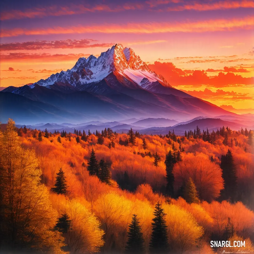 A majestic mountain stands tall in the foreground, surrounded by lush trees and bathed in warm, glowing light. The peaceful landscape invites a sense of awe and admiration for the beauty of the natural world.