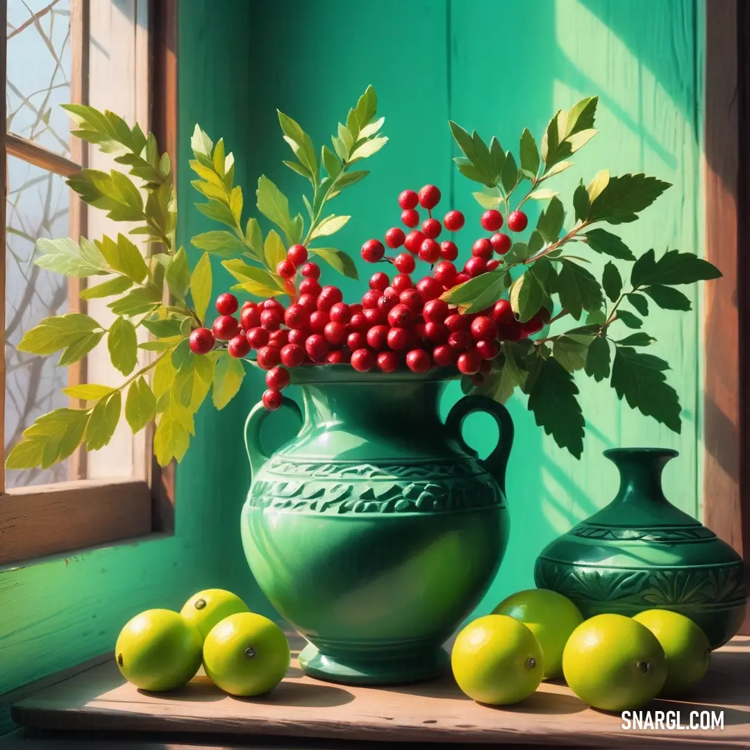 Painting of a vase with berries and lemons on a table next to a window sill with green walls. Example of CMYK 0,96,90,22 color.