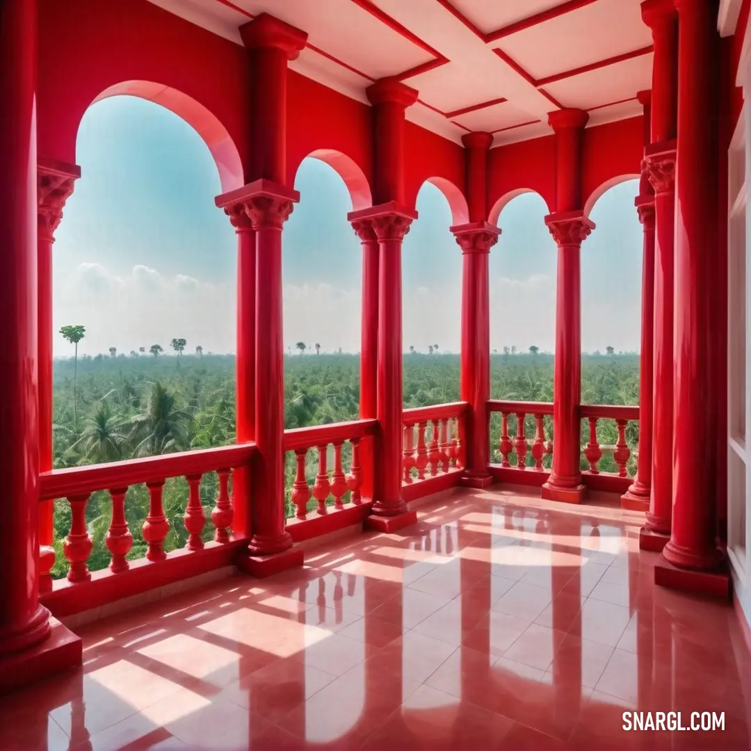 Red balcony with columns and a view of the trees outside of it, with a blue sky in the background. Color #C80815.