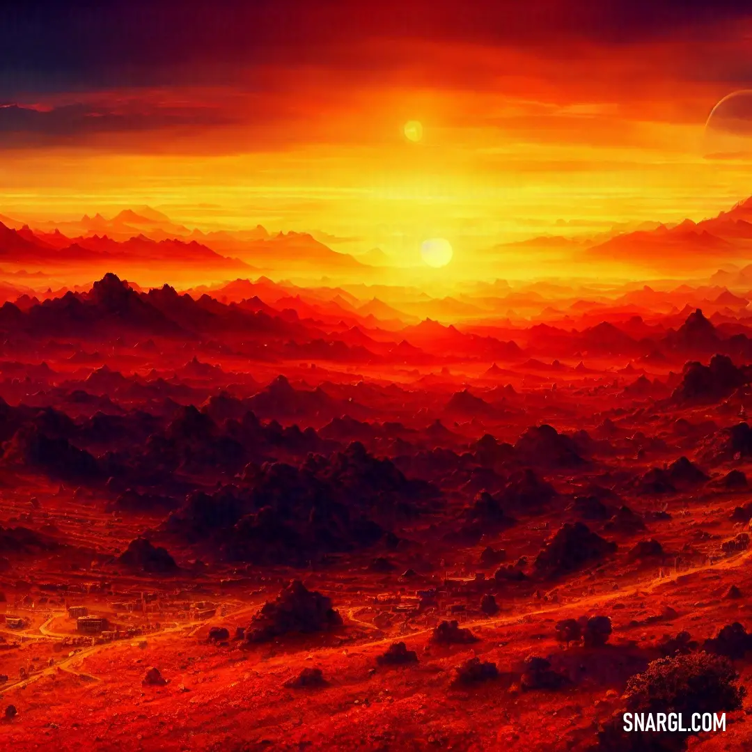 A vibrant red sunset paints the sky over a rugged rocky landscape. A distant figure stands in the far background, dwarfed by the vastness of the terrain and the vivid colors of the evening sky.