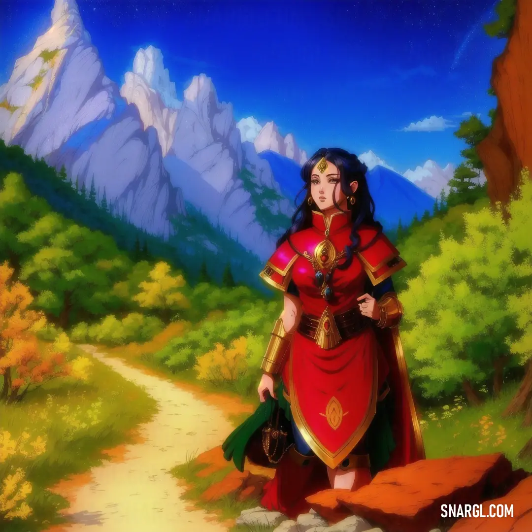 A woman in a bold red dress stands on a rugged mountain path, her vibrant attire contrasting with the earthy tones of the surrounding wilderness.