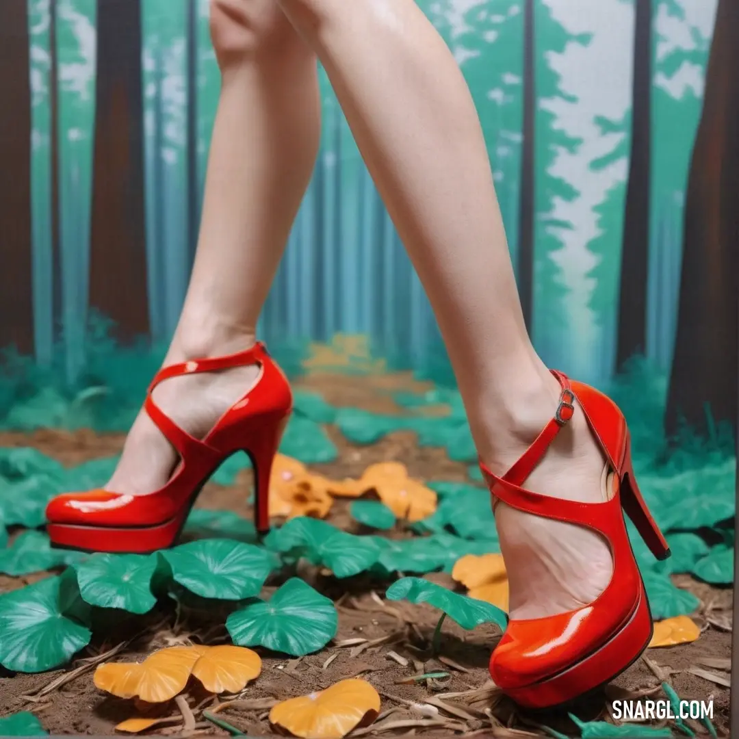 Woman's legs and red shoes in front of a forest backdrop with leaves and flowers on the ground. Color Venetian red.
