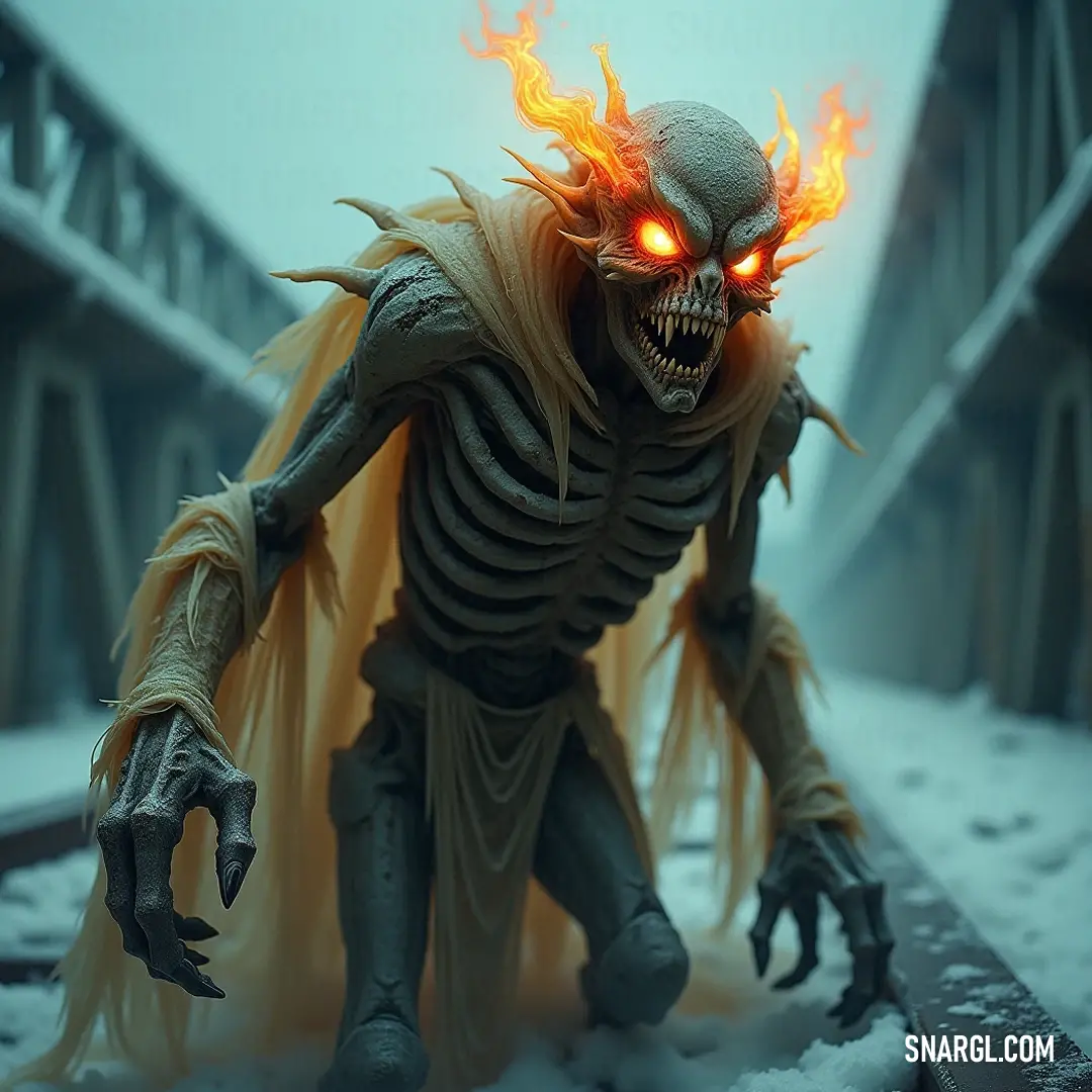 The Fiery Phantom: Specter in the Frigid Snow A spectral Vengeful Phantom with glowing eyes stares intensely from the snow-covered ground, flames licking from its mouth, casting an eerie glow that contrasts with the cold landscape, creating an unsettling visual.
