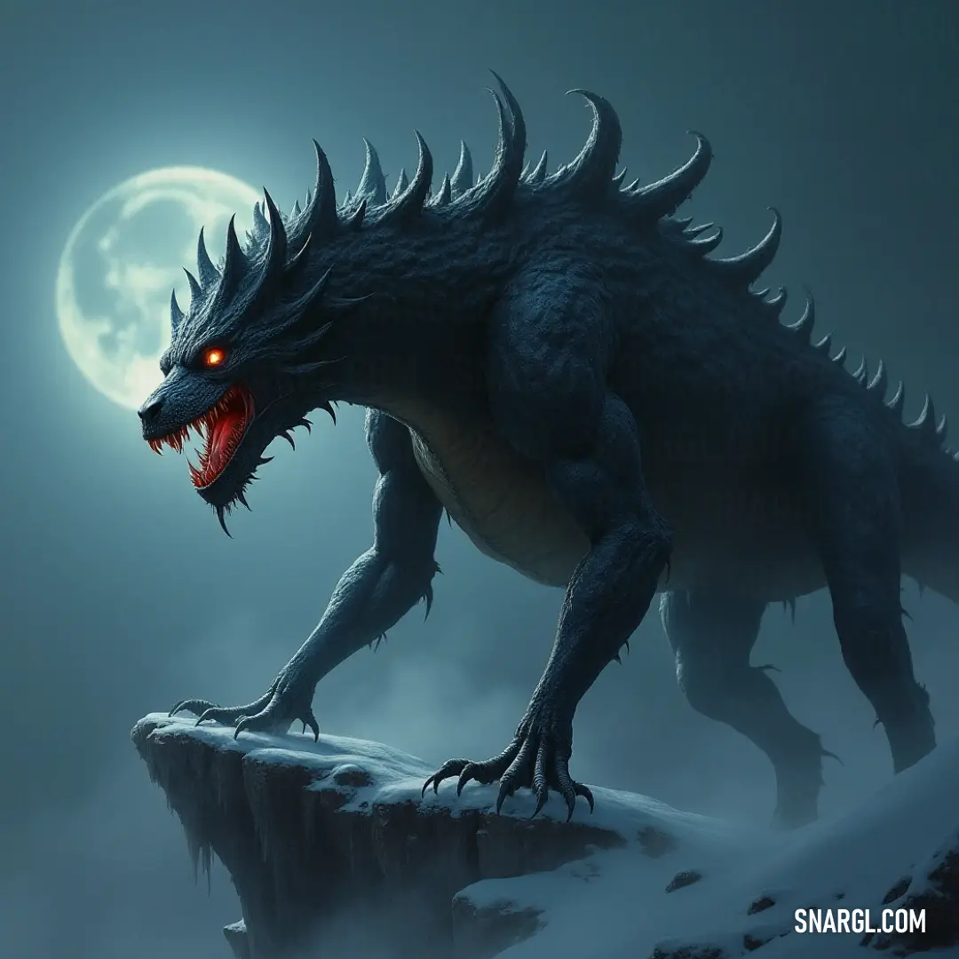 A magnificent black Venomclaw Beast with red eyes poised on a snowy cliff, surveying the tranquil yet intimidating landscape around it. A majestic black Venomclaw Beast with intense red eyes stands stoically atop a snow-covered cliff, gazing into the endless white wilderness below. Its powerful black scales glisten subtly in the cold daylight, embodying both ferocity and grace against a s