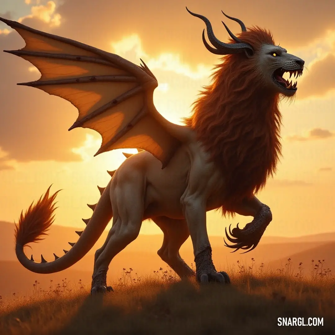 A Venomclaw Manticore with wings and horns stands tall on a hill at sunset, creating a stunning silhouette against the fiery sky. A Venomclaw Manticore with large wings and menacing horns stands on a hill, silhouetted against a sunset, its outline framed by the sky’s warm hues.