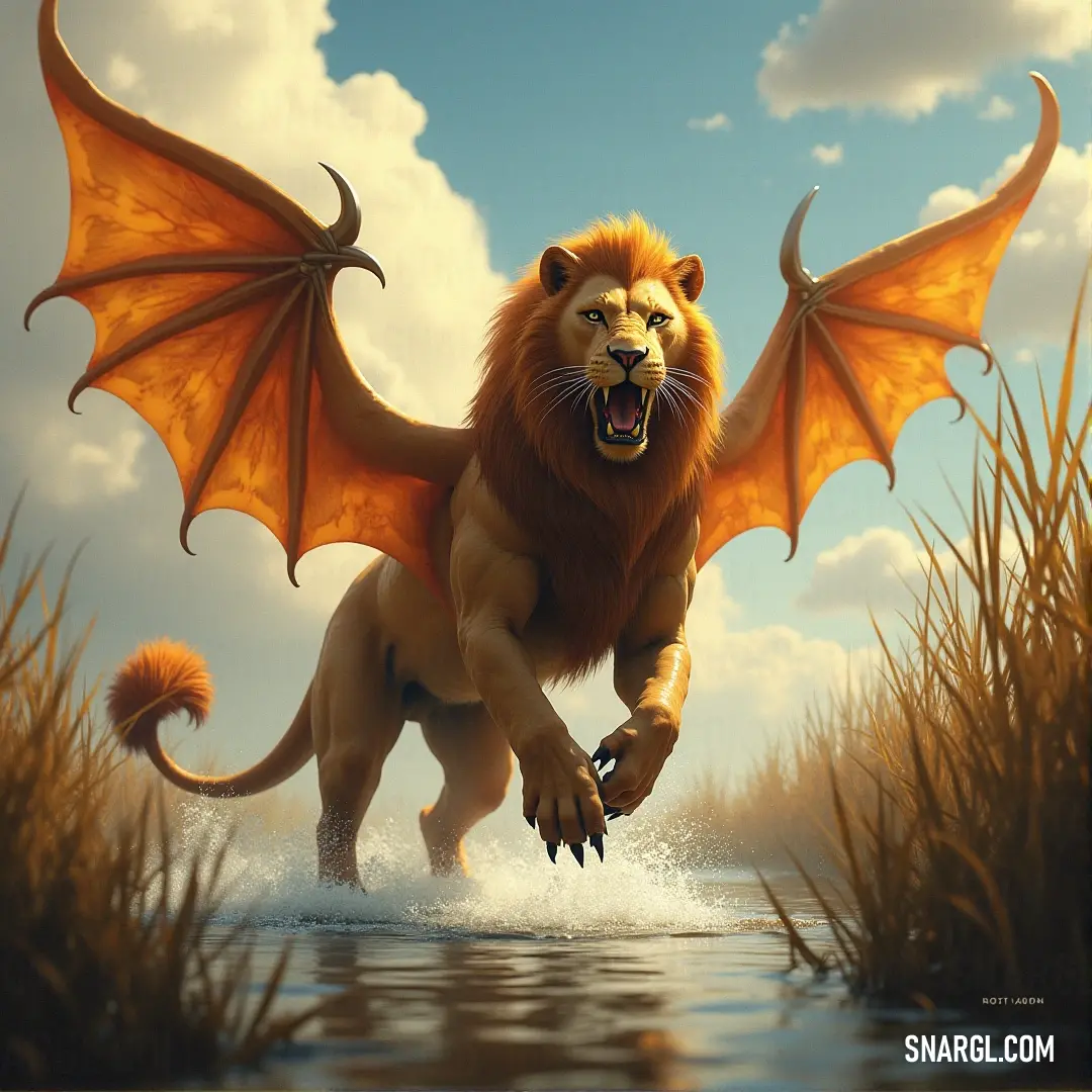 Winged lion charging through water, mouth open in a fierce roar, as waves crash around its powerful form. A powerful lion with magnificent wings, its massive body charging through a vast body of water. Its mouth is wide open in a roar, eyes closed in determination as the water splashes around it, the majestic creature undeterred by the crashing waves.