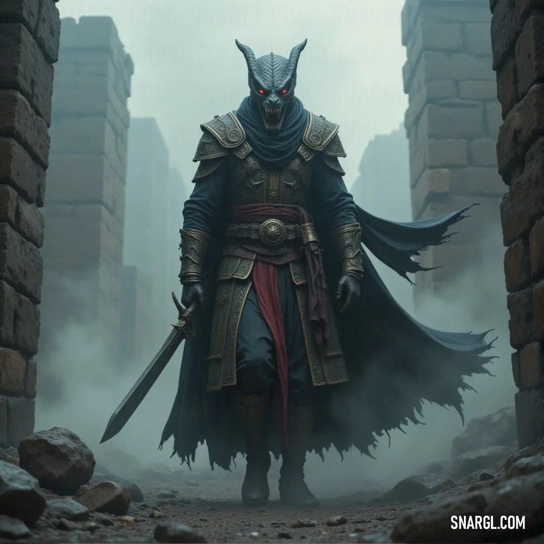 A venomous serpent, dressed in black and red, grips a sword while wearing a demon mask, exuding an air of danger. A venomous serpent, draped in black and red attire, holds a sword tightly in one hand while wearing a demon mask. The fierce, dangerous aura radiates as it stands ready to strike.