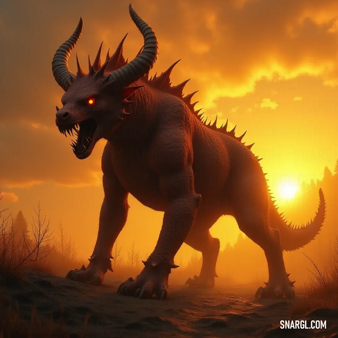 The magnificent Large Venomspike strides gracefully through a scenic field, its horns catching the first light of dawn or the last glow of dusk, embodying the magical transition between day and night in a breathtaking tableau. A majestic Venomspike traverses a picturesque field at sunrise or sunset, its horns glimmering in the golden light and glowing eyes radiating an otherworldly essence, showcasing the beauty of nature's fading light as day turns into night.