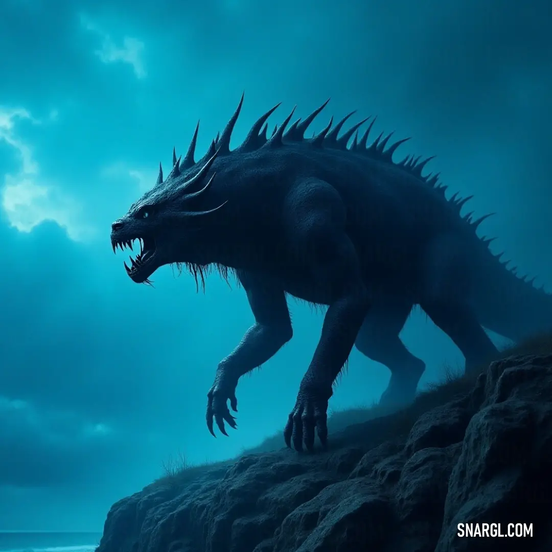 A formidable black Venomstrike stands poised at a cliff by the ocean, its mouth wide open, echoing its primal strength against the dramatic backdrop of crashing waves. Commanding the night on a cliff's edge, a large black Venomstrike shows its fierce nature with its mouth wide open, ready to unleash a deafening call to the ocean below. The moonlit waves crash against the rocks, enhancing the dramatic essence of this imp