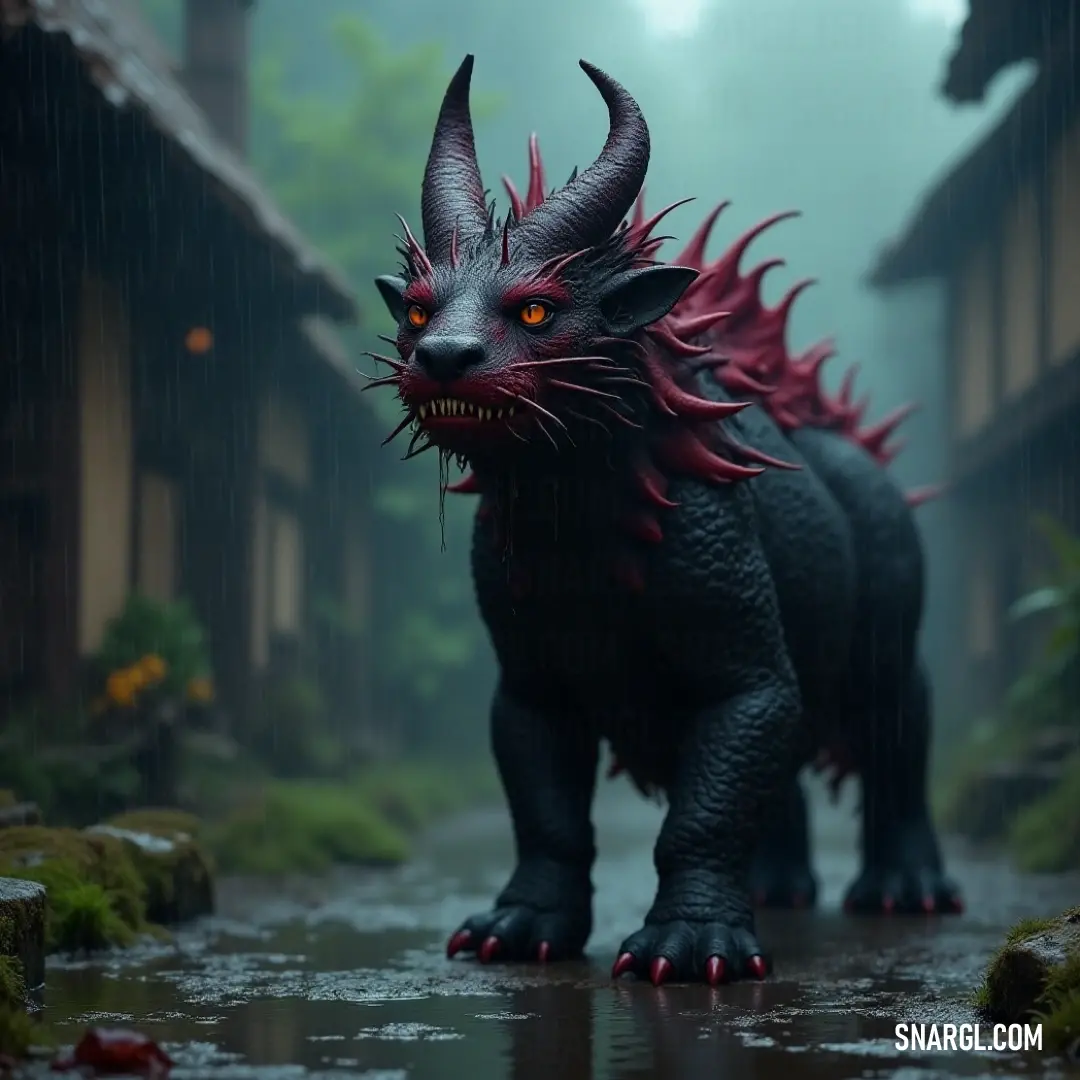 A powerful Black Venomtail braves the rain in a tranquil village scene, its glowing eyes and impressive horns contrasting vividly with the cozy atmosphere of nearby homes and lush greenery. A formidable Black Venomtail stands regally amidst falling rain in a quaint village, its fiery red eyes and prominent horns accentuating its fierce demeanor against a backdrop of rustic houses and swaying trees.