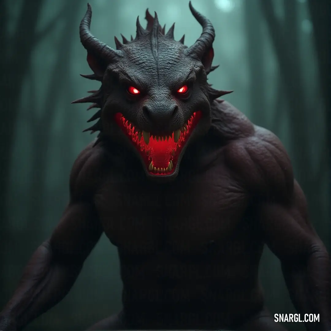 A demonic Venomtail with glowing red eyes and fangs walks through the foggy forest, its presence dominating the dark landscape. A demonic Venomtail, with sharp fangs and glowing red eyes, prowls through a dark, fog-covered forest. The twisted trees loom around it, adding to the menacing atmosphere of the hunt.