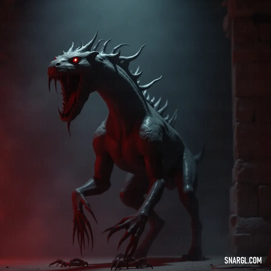 The dynamic presence of a Red and Black Venomtail captivates in a shadowy chamber, its fierce red eyes and jagged teeth adding to the haunting atmosphere of darkness and intrigue. A fearsome Venomtail stands in a dimly lit room, its striking red eyes and menacing sharp teeth creating a chilling contrast against the rough brick wall, as shadows loom ominously around it.
