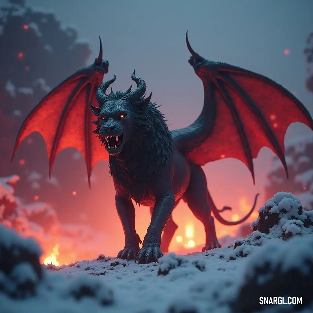 Red Venomwing basking on a snowy hill, radiating power in the wintry landscape. The striking Red Venomwing stands regally on a snowy hill, its wings outstretched in a display of majesty, glowing red eyes piercing the crisp winter air as its dark body contrasts against the pristine snow.