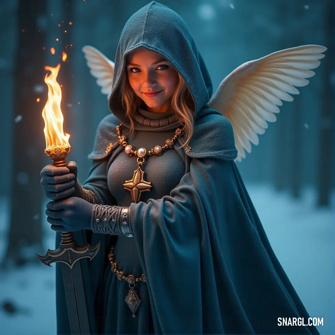 Venus, in a blue outfit, stands strong with a sword and flame in her hands, her hood adding mystery and her calm expression balancing strength and peace. Venus stands with a determined gaze, her blue outfit shimmering as she holds both a sword and a flame in her hands. Her hooded look adds mystery, and the flame flickers in contrast to the serene expression on her face, balancing power with peace.