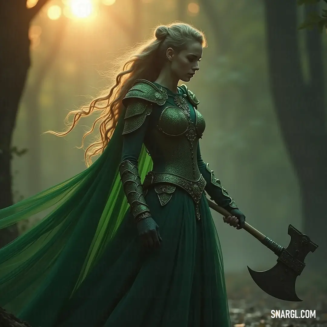 Bathed in the warm glows of a sunset, a warrior in an elegant green dress brandishes a large axe with confidence. A mystical forest envelops her, creating an atmosphere of magic and adventure as the sun's rays pierce through ancient trees.