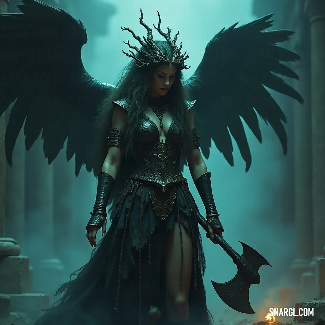 A powerful figure stands boldly in the shadows, adorned with majestic black wings that resemble those of a great bird. She wields a gleaming sword, symbolizing strength and bravery, in a dark, mysterious environment that hints at hidden perils.