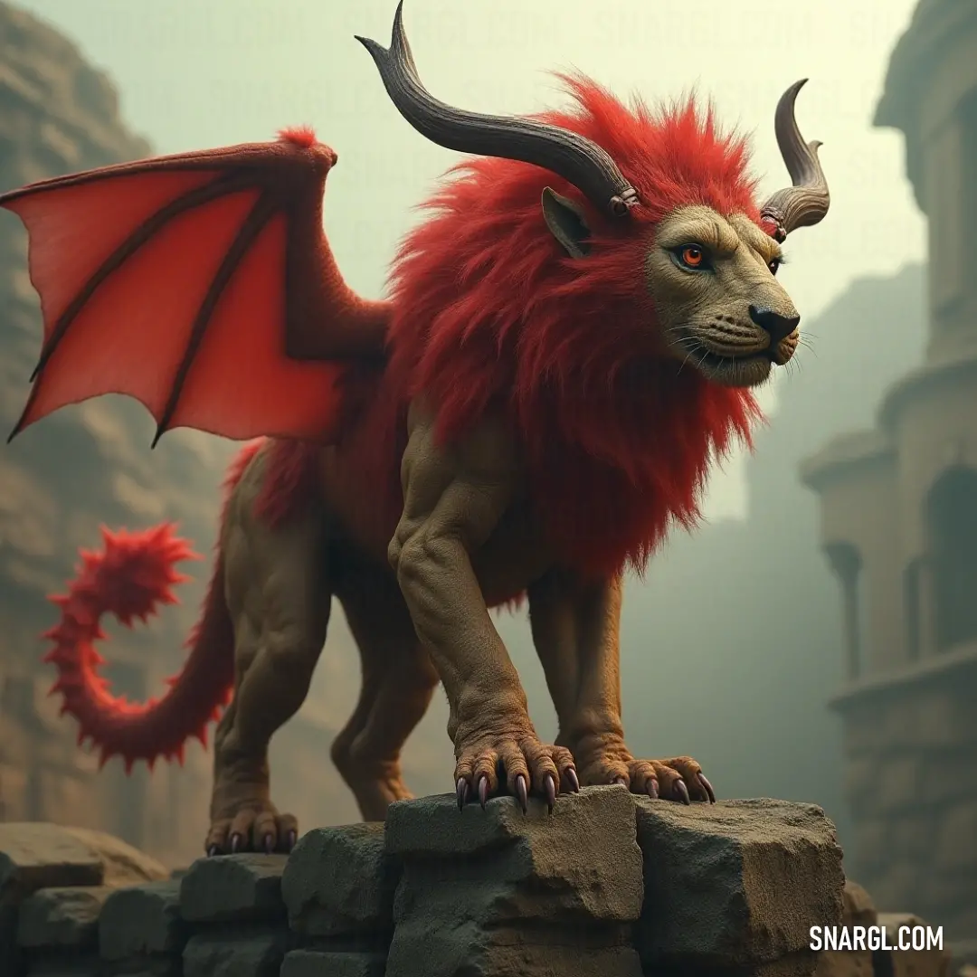 An enchanting Red Verdant Manticore statue graces a rugged rock wall, surrounded by lush greenery, while a majestic castle looms in the background, creating a magical, fantasy-like scene.