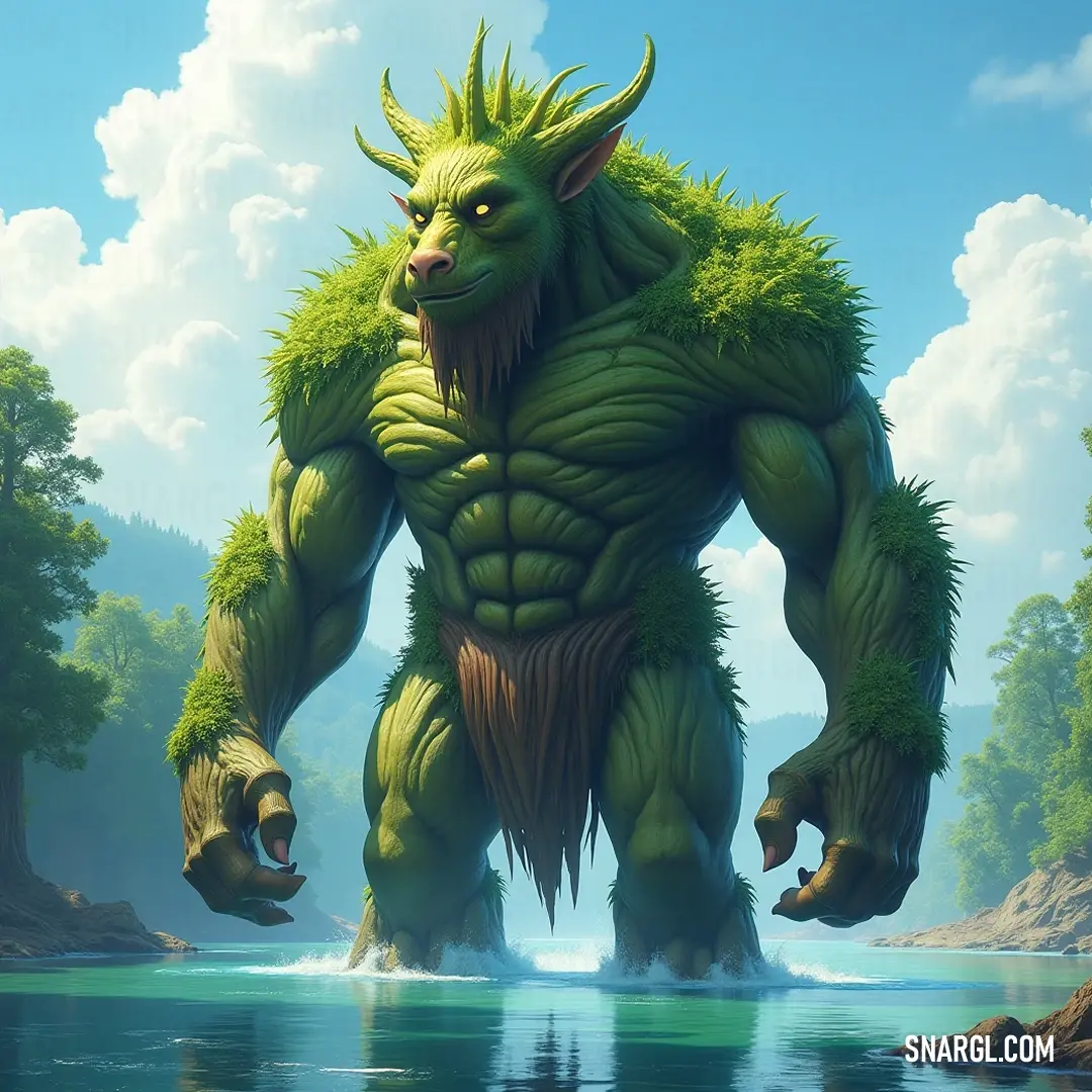 Colossal Green Verdantkeeper captivatingly poised in reflective waters with a radiant stillness. A colossal green Verdantkeeper emerges from clear waters, its mouth agape in a silent roar while its serene eyes remain closed, as if inviting nature itself to share in its deep secrets.