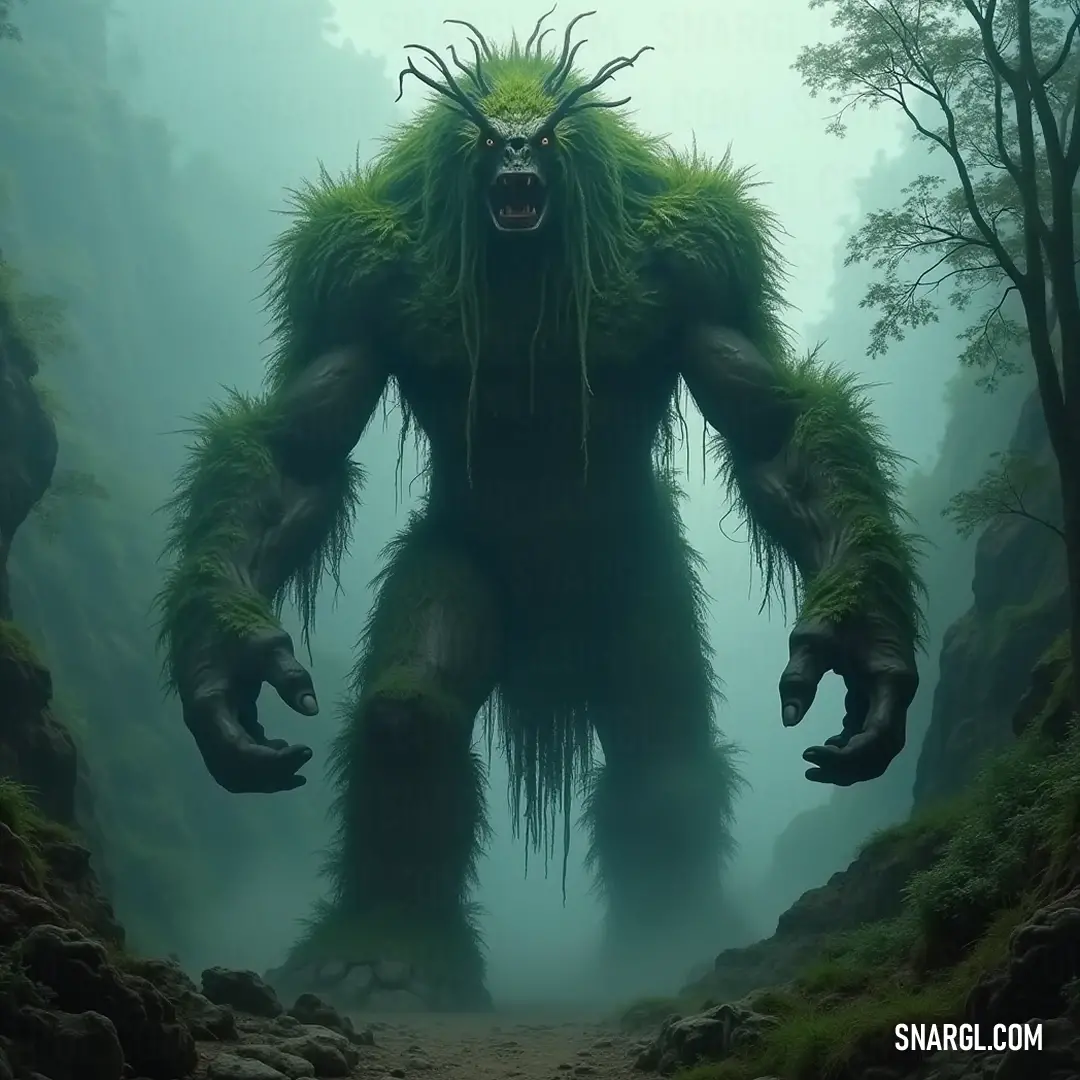Regal Giant Verdantkeeper with flowing hair and horns in a lush forest setting. Towering Giant Verdantkeeper adorned with magnificent long hair and majestic horns, steadfastly standing amidst a vibrant forest, the interplay of sunlight and shadows enhancing its regal stance.