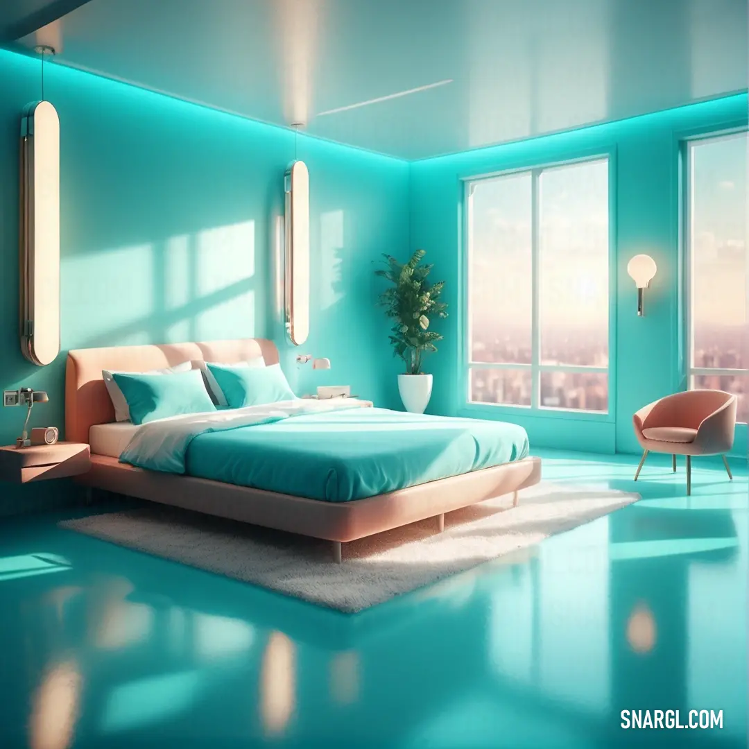 A serene bedroom with a verdigris-colored accent wall, featuring a comfortable bed, a cozy chair, and a window offering a cityscape view. The room combines a peaceful atmosphere with urban vibes.