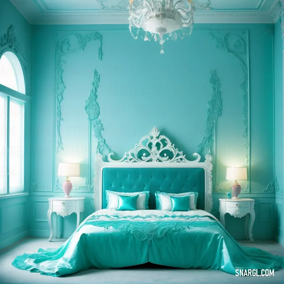 A bedroom with a striking blue wall, a white bed adorned with a turquoise comforter, and a chandelier hanging overhead. Verdigris accents complete the room, creating a cool and elegant vibe.