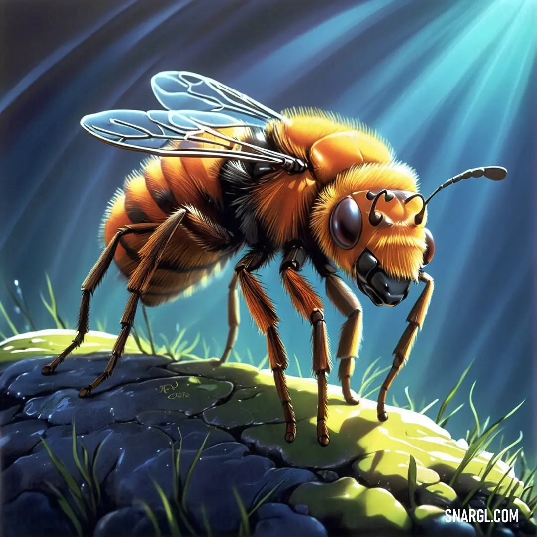 A cheerful bee perched on a rock, basking in the warm sunlight, its vibrant colors shining brightly. The backdrop is a blend of natural elements that enhance the clarity and liveliness of this delightful moment.