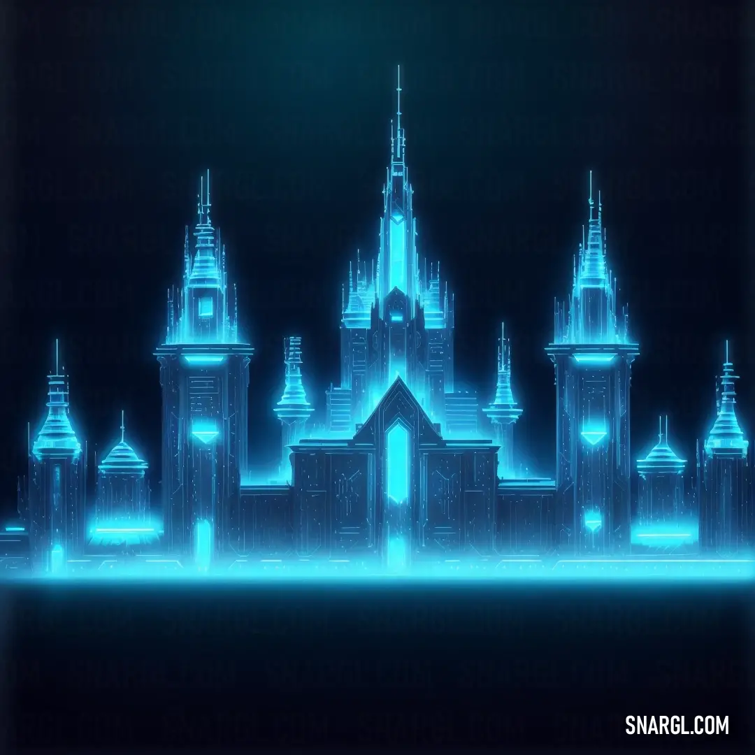 Blue castle with a lot of towers and towers on it's sides and a blue light in the middle