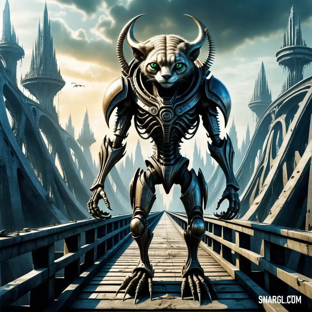 A menacing demon stands on a weathered bridge, shrouded in an eerie ambiance, with a dark castle looming in the background. The verdigris colors amplify the hauntingly beautiful atmosphere, drawing attention to its sinister presence.