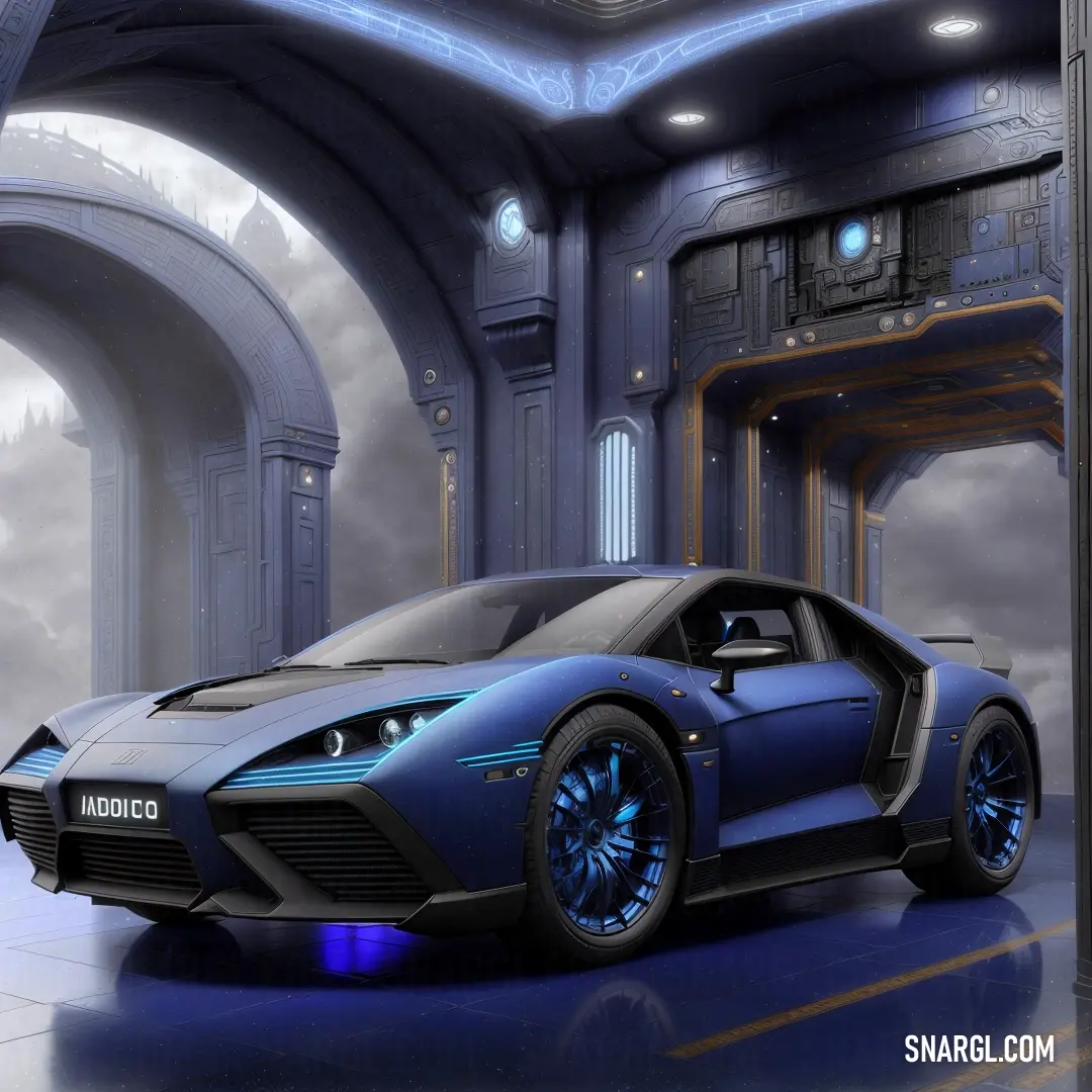 A sleek futuristic car sits parked in a dimly lit room, with a sky background creating a stunning contrast. The vibrant RGB color of 67,179,174 adds a cool, modern edge to the scene.