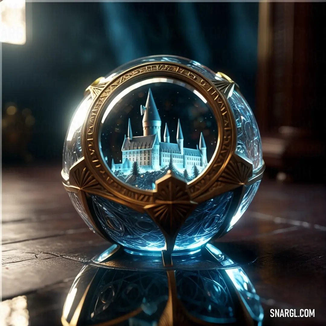 A stunning glass sphere with a miniature castle nestled inside, resting on a table. The orb’s smooth surface reflects the castle’s intricate details, creating a mesmerizing interplay of light and shadow that invites the viewer to explore its