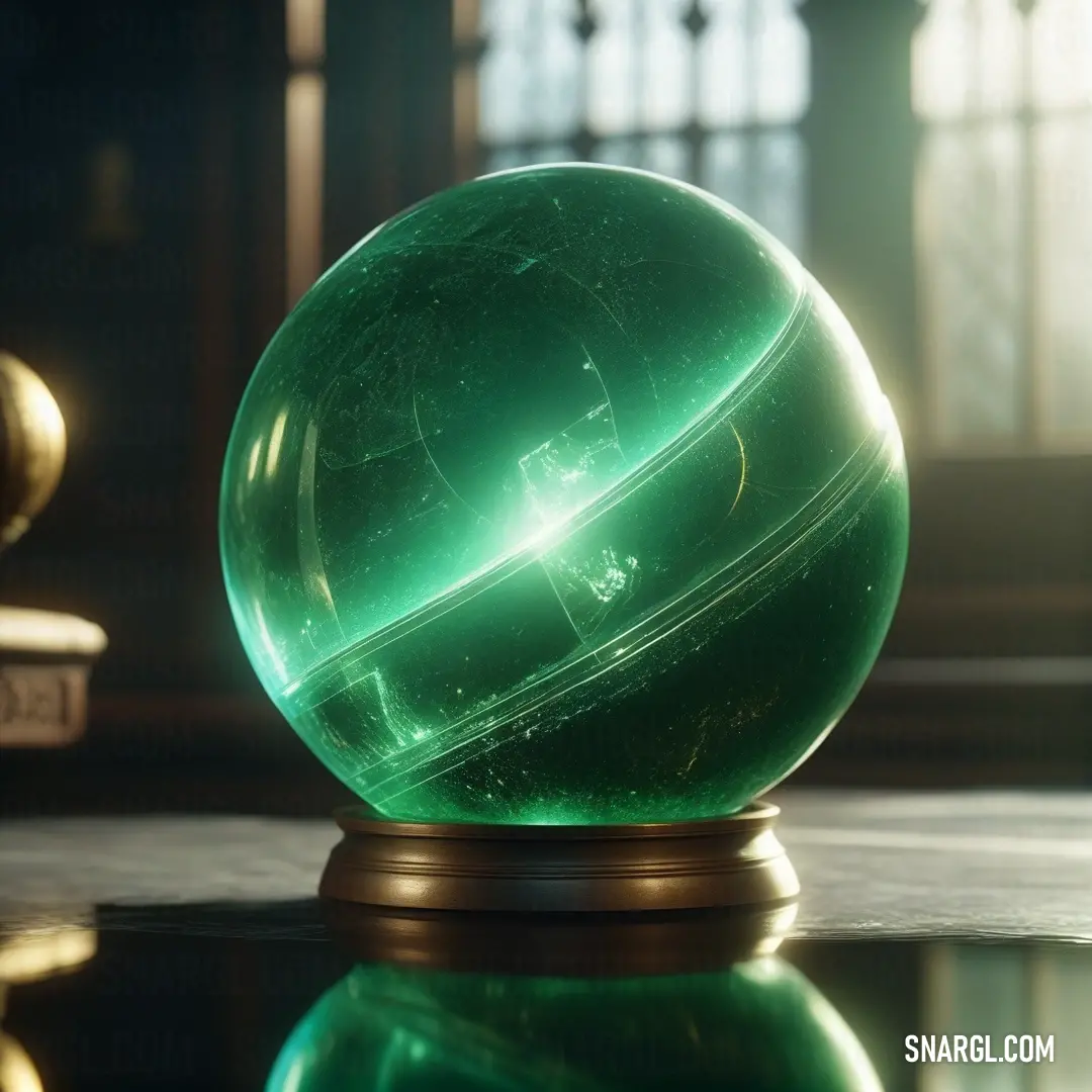 A vibrant green glass orb resting on a polished wooden table, positioned next to a vintage clock tower and framed by a softly lit window in the background. The image showcases a unique blend of light and reflection, capturing the essence of tranquility an