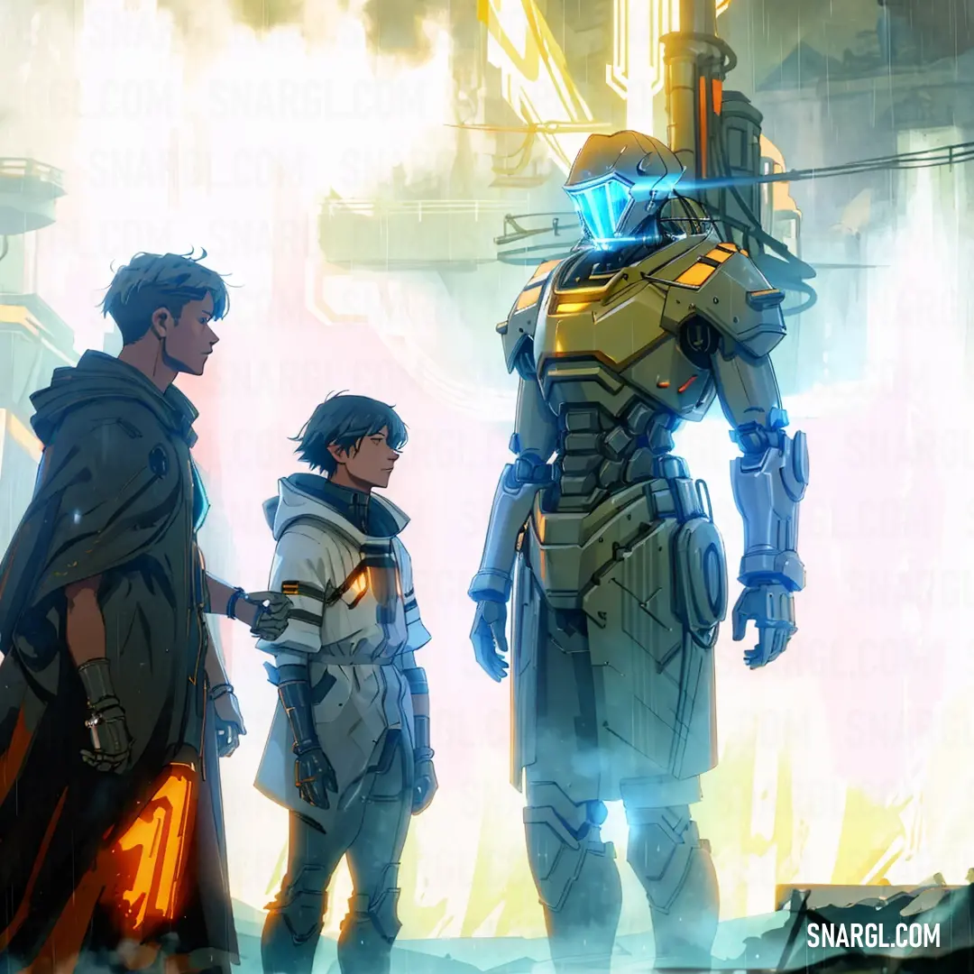 Group of people standing next to each other near a robot suit and a man in a cape and cloak