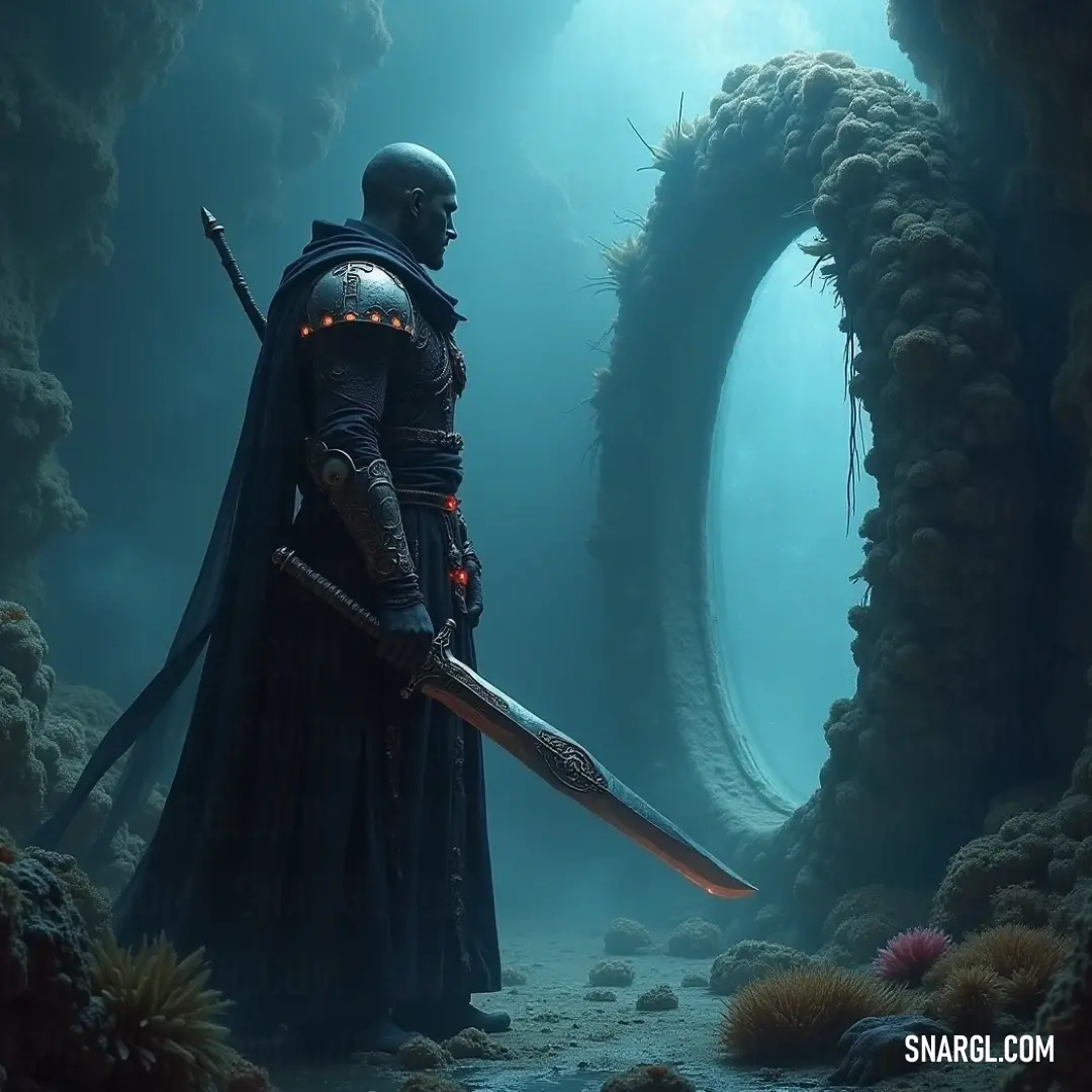 A mysterious man in a sharp black suit stands poised with a sword, enveloped by the darkness of a cave. The expansive tunnel behind him hints at untold adventures, creating an image that balances intrigue and drama.