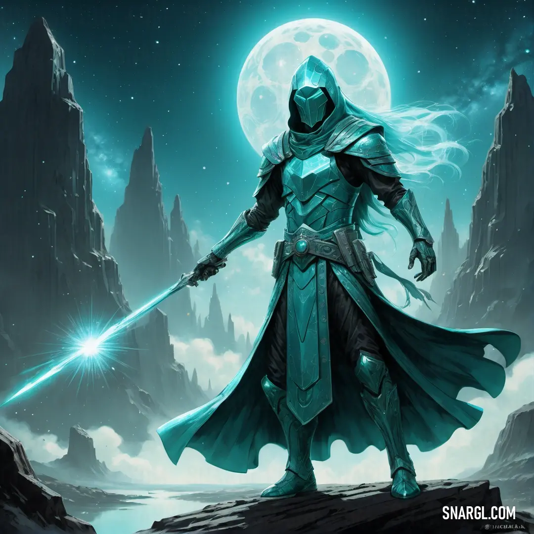 Man in a hooded suit holding a sword in front of a full moon and mountains. Color RGB 67,179,174.