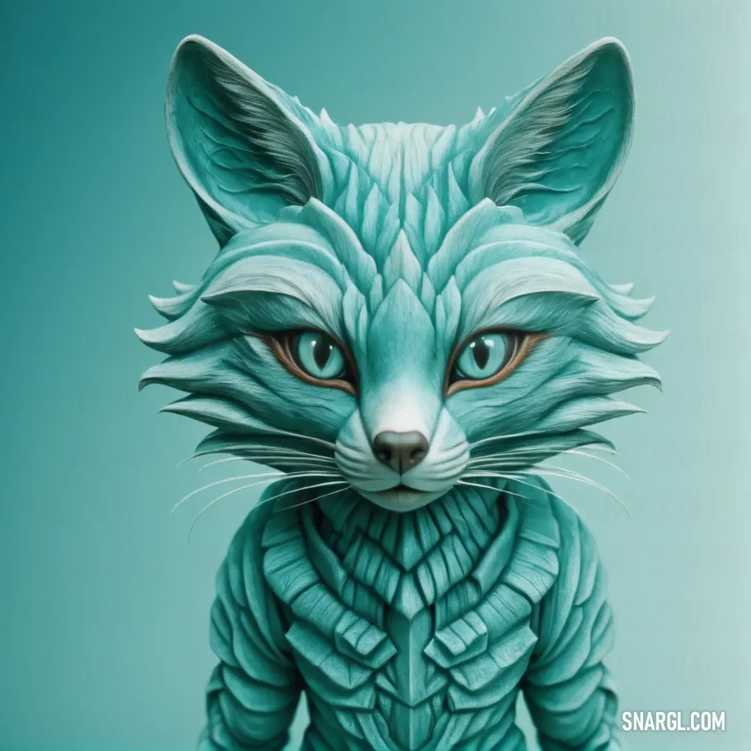 A captivating blue fox with striking orange eyes adorns a vibrant green bodysuit, standing majestically. The unique color palette brings this whimsical character to life, exuding both charm and mystery in its expression.