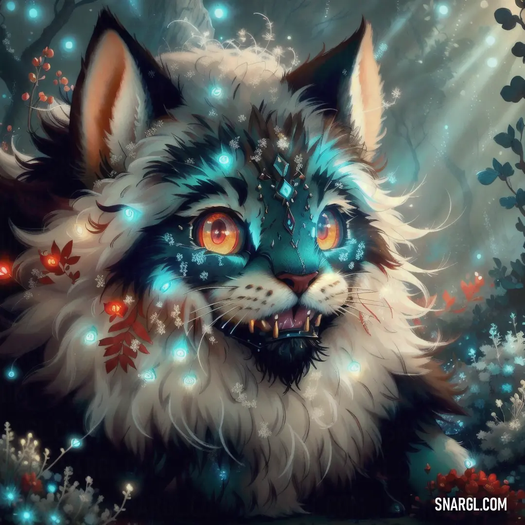 Painting of a cat with glowing eyes and a blue background with leaves and flowers around it