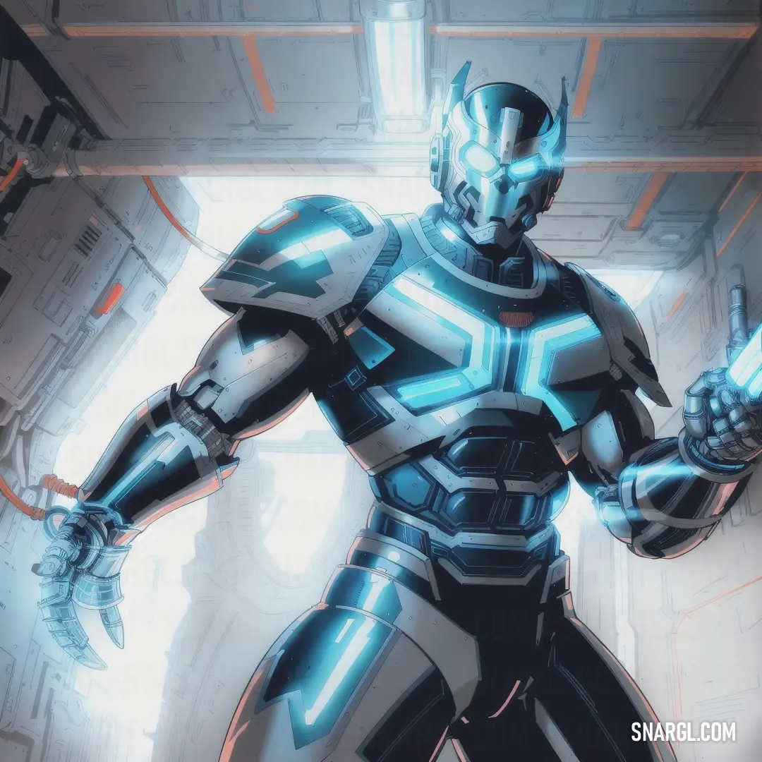 Robot with a glowing arm and a glowing helmet holding a gun in a futuristic setting with a light beam