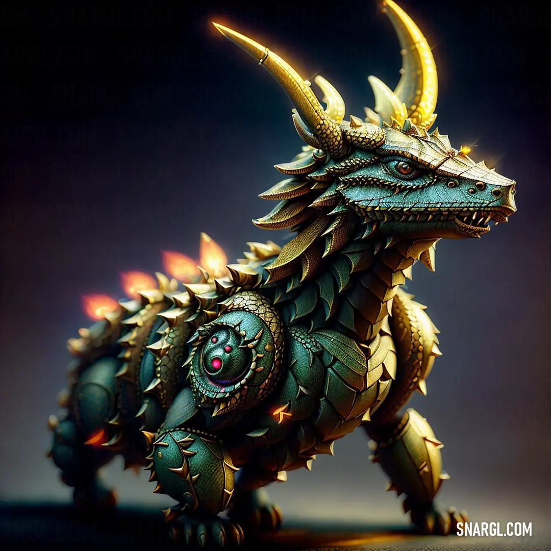 Dramatic depiction of a dragon statue, adorned with golden horns and spikes, standing powerfully against a sleek black background. The verdigris finish gives it an ancient feel, evoking the mythology surrounding these legendary creatures.