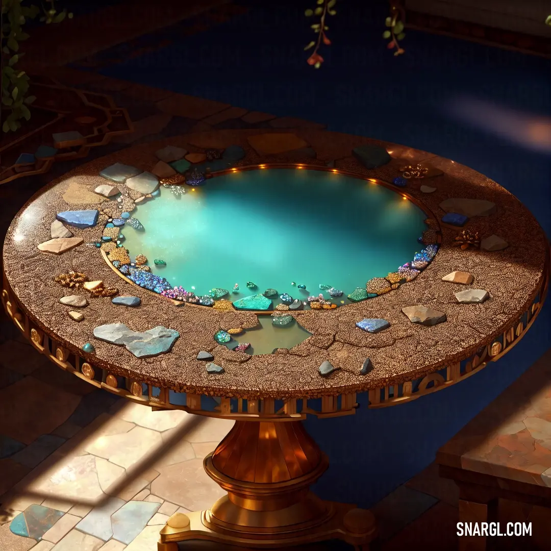 Table with a blue pool in it on a tiled floor next to a window