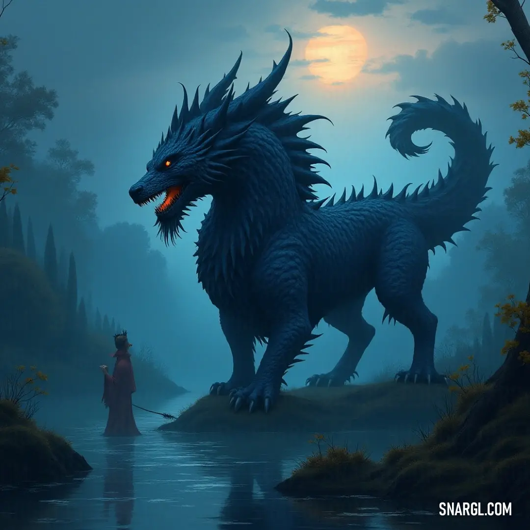 A majestic dragon stands by a flowing river, its presence commanding attention as a woman in a red dress gazes into the distance. A full moon glows above, enhancing the mystical quality of this enchanted moment.