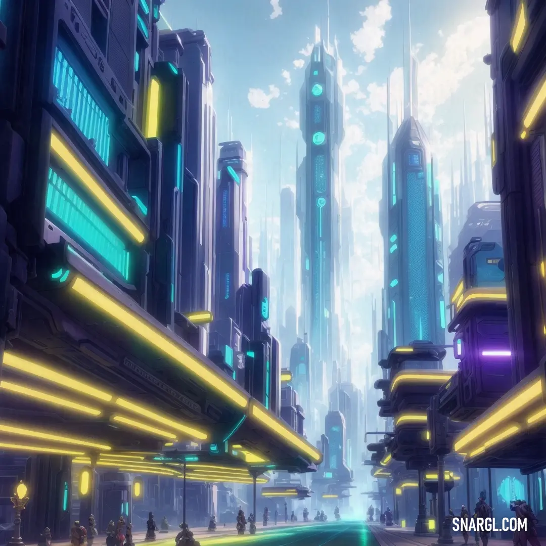 A vibrant futuristic city illuminated by neon lights, bustling with people walking between towering skyscrapers, giving off a dynamic and lively vibe. The city seems to pulse with energy under the vivid glow of the lights.