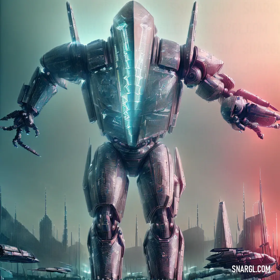 A futuristic robot stands confidently in front of an impressive skyline filled with advanced buildings, showcasing a brilliant vision of technological evolution and the potential of the future, against a verdigris hue.