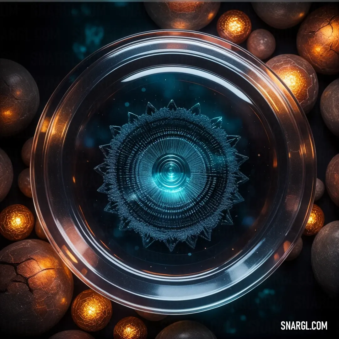 A delicate glass plate adorned with intricate circular patterns, surrounded by glowing candles and floating orbs of light. The background is deep black, making the colors pop, while the soft illumination creates an almost magical, ethereal atmosphere.