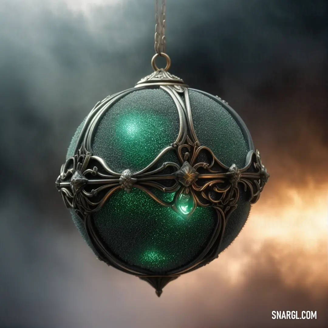 A green ornament with a metallic sheen dangles from a chain, set against a cloudy sky. The Verdigris color pops beautifully in this serene yet dramatic setting.