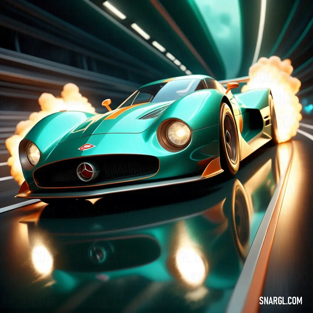 A sleek green sports car speeding through a tunnel, with bright lights illuminating its path and smoke billowing from the front. The striking color matches the vibrant hue of RGB 67,179,174, adding excitement to the scene.