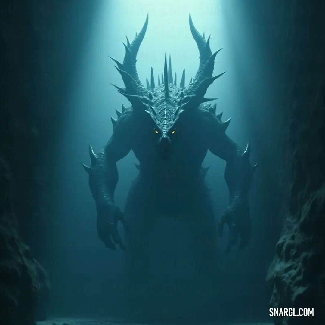 A colossal monster with massive horns and razor-sharp teeth lurks in a dark cave, illuminated by a distant light, while a figure stands amidst the tranquil water, oblivious to the looming threat.