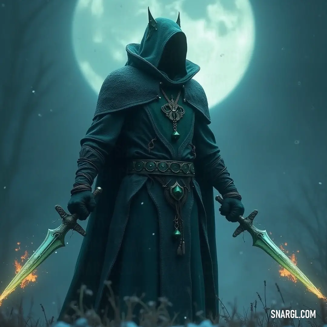 A dramatic scene unfolds as a man in a green cloak wields two swords under a luminous full moon. The verdant cloak contrasts against the moonlit backdrop, creating an aura of mystery and adventure in this enchanting landscape.