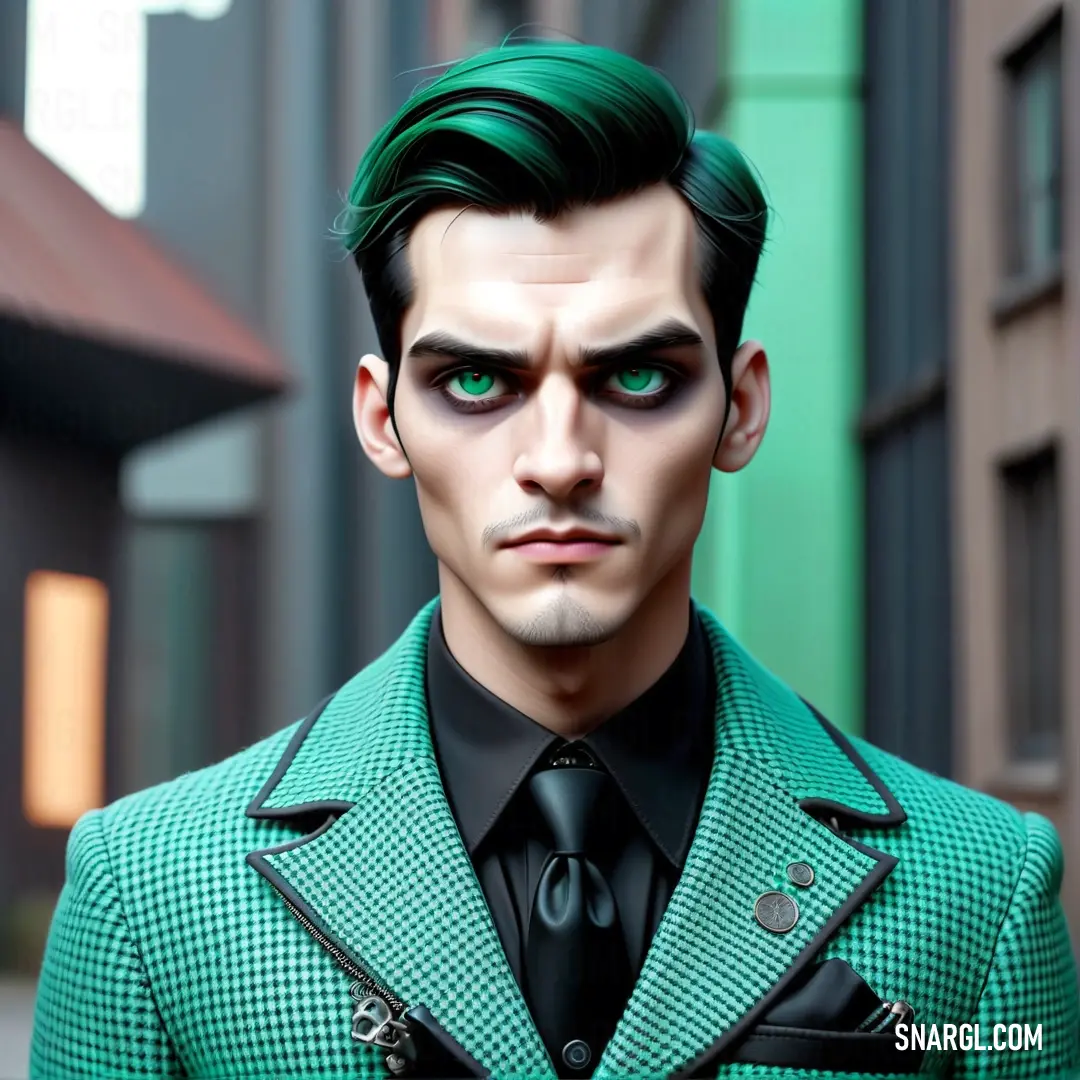 Man with green hair and a green suit and tie on a street corner with a building in the background. Example of Verdigris color.